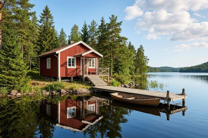 Klassisches rotes Holzhaus am See in Schweden (Småland) mit eigenem Bootssteg und umgeben von grüner Natur