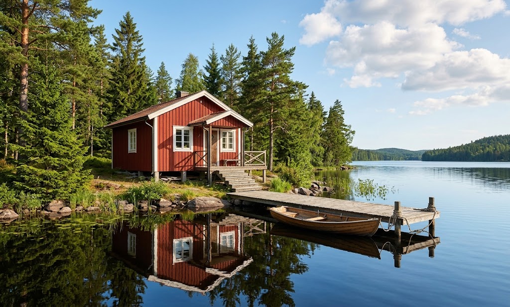 Klassisches rotes Holzhaus am See in Schweden (Småland) mit eigenem Bootssteg und umgeben von grüner Natur