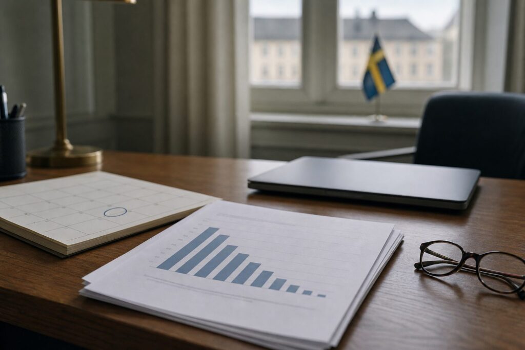 Skrivbord med en tryckt statistikrapport, kalender och läsglasögon